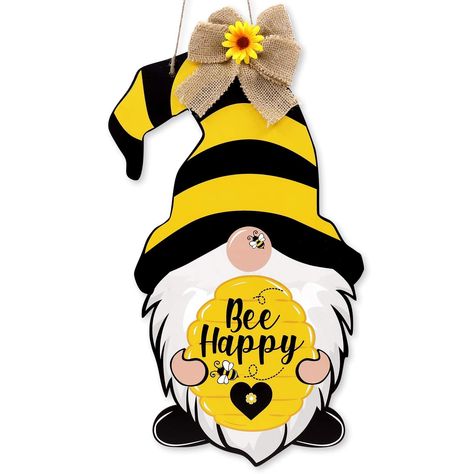 PRICES MAY VARY. BUMBLE BEE FARMHOUSE DECOR: Our cute bumble bee gnome hanger is ready to bring prosperity and good luck to your home. Hang it on the front door, porchway, living room door, kitchen wall or anywhere you like for Mr. Buzz to make you bee happy. HANDMADE BY QUALITY MATERIAL: The whole honey bee door sign is cut by plywood, then carefully painted in water-based paints and gloss varnish sealed for outside protection. The gnome features a yellow & black striped hat, white beard, both Black Wood Door, Bee Gnome, Bee Pictures, Door Hanging Decorations, Porch Accessories, Gnome Door, Wood Door Hanger, Living Room Door, Easter Party Decor