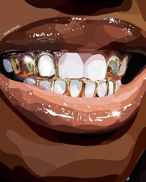 DaredtoPaint on Instagram: "It’s just something about grillz! 😍 
New print “Grillz Galore” available at www.daredtopaint.com now! 

#DaredtoPaint #IfIDontSpeakMyArtWill #BlackArtist #BuyBlackArt #BlackArt #DigitalArt #Procreate #BlackCreators #BlackGirlMagic #Grillz #AfricanArt #WallArt #HomeDecor #ArtPrints" Grills Teeth Painting, Grillz Drawing, Grillz Aesthetic, Grillz For Females Black, Women Grillz Gold, Black Art Grillz, Gold Fangs Grillz, Nightclub Aesthetic, Black Music