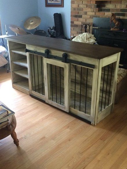 TV stand/ Dog crate Dog Crate Tv Console Diy, Tv Stand With Dog Kennel, Dog Kennel Furniture With Storage, Dog Cage Tv Stand, Room Rental Ideas, Dog Crate Entertainment Center, Crate Entertainment Center, Dog Crate Tv Stand, Crate Tv Stand