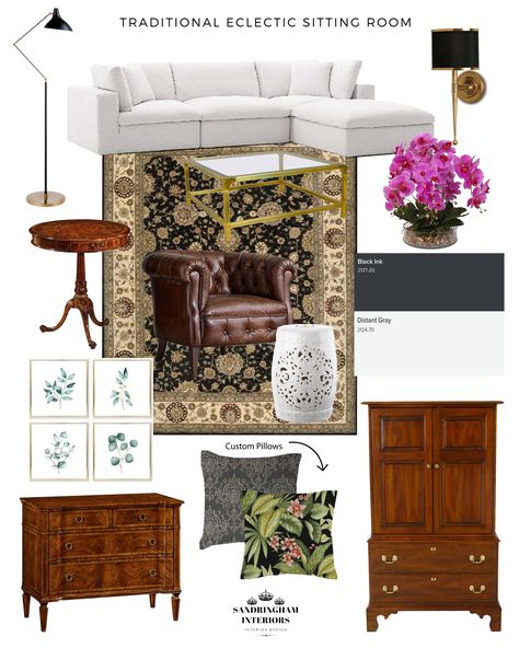 Traditional Mood Board Interior Design, Modern Traditional Color Palette, Traditional Mood Board, Eclectic Sitting Room, Classic Traditional Home Decor, Traditional Eclectic Decor, Transitional Interior Design Style, Traditional Furniture Design, Classic Eclectic