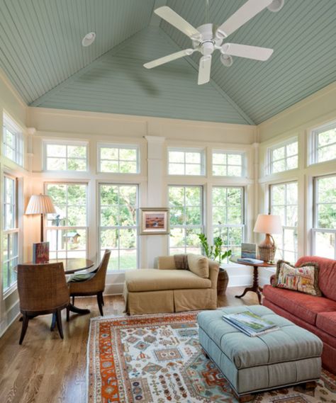 Ceiling Paneling Ideas, Blue Beadboard, Ceiling Paneling, Sunroom Dining Room, Great Room Addition, Vaulted Ceiling Ideas, Sunroom Dining, Paneling Ideas, Small Sunroom