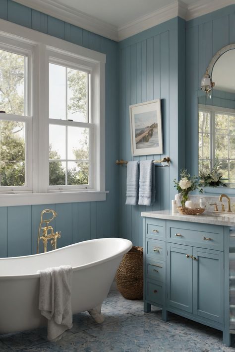 Indulge in a coastal bathroom sanctuary with Blue Horizon (SW 6497) for serene oceanic views. Dive into daily interior designer routines for a refreshing escape. #Ad #homedecor #homedesign #bathroom #Painthome interiorarchitecture best Wall Colors for Bathroom Colors Bright Room Colors best colors combinations bathroom bathroom Remodeling Modern Paint Colors 2024 Blue Wood Bathroom, Blue Paint Colors For Bathroom, Blue Walls Bathroom, Powder Blue Bathroom, Baby Blue Bathroom, Pale Blue Bathroom, Airbnb Bathroom, Blue Bathroom Paint, Paint Colors 2024