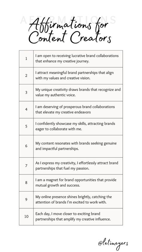 "Elevate your creative journey with these empowering affirmations. As content creators, we have the ability to shape narratives, inspire change, and ignite passions. Repeat these affirmations daily to manifest brand partnerships, authenticity, and abundant creativity. Let your unique voice shine through and watch your creative endeavors flourish. ✨🎨 #ContentCreatorsJourney #EmpowerYourArtistry #ManifestAbundance" Vision Board Creator, Tell Me Something Good, Brand Partnerships, Diva Quotes, Start Youtube Channel, Empowering Affirmations, Affirmation Board, Makeup Pro, Vision Board Affirmations