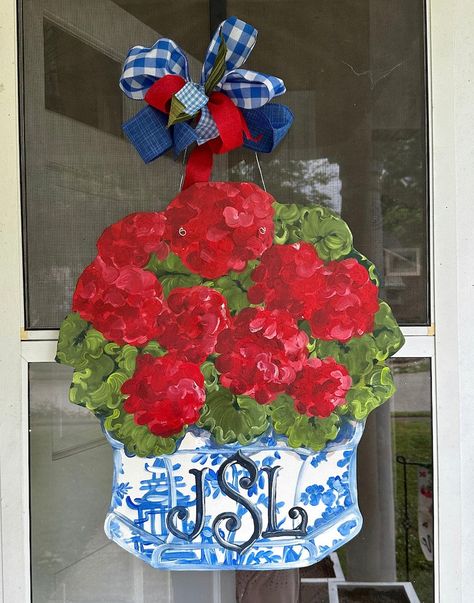 MyArtistTree - Etsy Chinoiserie Door Hanger, Flower Door Hanger, Red Chinoiserie, Flower Door, Blue Patio, Summer Door Hanger, Door Wreaths Diy, Red Geraniums, Festive Holiday Decor