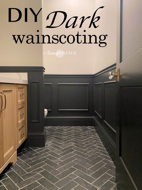 Waynes Coating Ideas, Hanging Bed Diy, Black And White Powder Room, Waynes Coating, White Powder Room, Applied Molding, Black Wainscoting, Installing Wainscoting, Painted Wainscoting