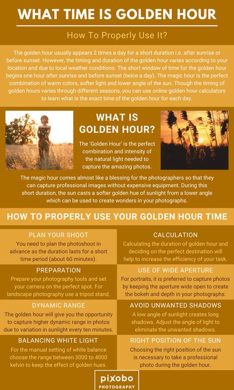 Golden hour photos have a special charm, but do you know what time is the golden hour and how to properly use it. In this article, you can learn all about golden hour photography such as what is golden hour, golden hour time and golden hour calculator. Find out some golden hour photography tips and when should you use the golden hour photography. Also, learn how to fake golden hour using different photo editing software. #goldenhour #goldenhourphotography #goldenhourphotographytips Fake Golden Hour, Golden Hour Time, Photography Cheat Sheet, Photography Settings, Golden Hour Photos, Golden Hour Photography, Photography Cheat Sheets, Photography Career, The Golden Hour