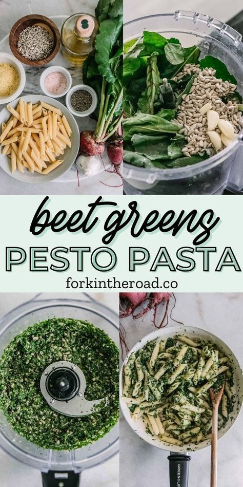 Essen, Beet Leaf Recipes, Beet Green Recipes, Beet Leaves, Vegan Weeknight Meals, Easy Pesto Pasta, Beet Pasta, Pasta With Pesto, Green Pasta