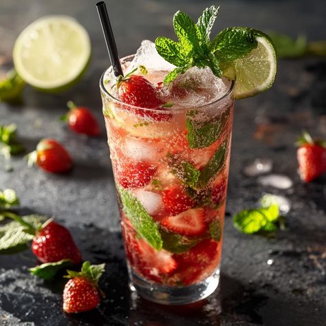 Mojito Ingredients, Strawberry Mojito, Water Ice, Sugar Syrup, Fresh Mint Leaves, Cane Sugar, Sparkling Water, Mint Leaves, Fresh Mint