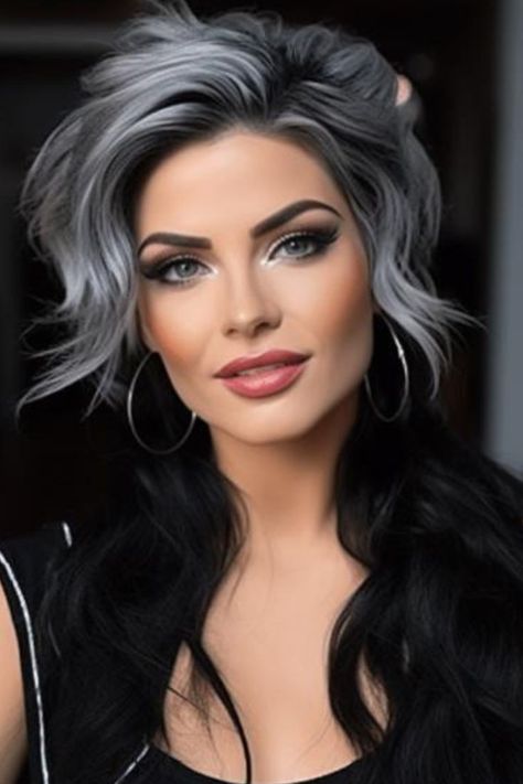 Highlights On Jet Black Hair, Hair To Shoulder Length, Trendy Brunette Hair, Layered Shoulder Length Hair, Hair Colors For Summer, Dark Silver Hair, Charcoal Hair, Gray Blending, Shoulder Length Layered Hair