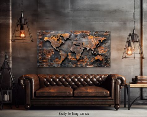 🎁🏡 Thoughtful Home Gift: Gift a touch of wanderlust and style with this world mad canvas art, perfect for those who appreciate rustic industrial design, making their space both stylish and sentimental. Gift for dad.    READY TO HANGCANVAS SIGN    Artwork 423 ✪ Click drop-down menu for Sizes and Pricing! ✪ 👉PLEASE NOTE👈 Colors may be slightly different from how they appear on screen. 👉CANVAS SIGN DETAILS👈 ☑️ The canvas is ready to hang. There is no framing required! ☑️ Our canvas is printed Masculine Living Room Bachelor Pads, Rustic Wall Art Living Room, Bar Wall Ideas, Living Room Decor Large, Framed World Map, Bachelor Pad Decor, Masculine Wall Art, Industrial Artwork, Modern Industrial Living Room