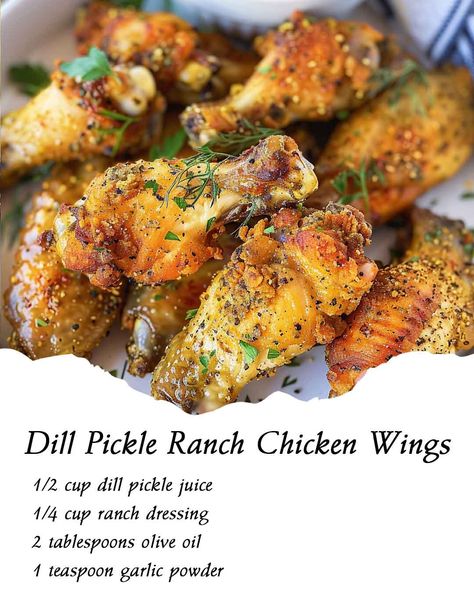 Dill Pickle Ranch Chicken Wings Dill Pickle Ranch Chicken Wings, Dill Pickle Ranch, Pickle Ranch, Ranch Chicken Wings, Ranch Wings, Chicken Wing Dip, Wings Recipe Baked, Dill Chicken, Pickled Cauliflower