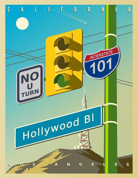 Vintage poster with a yellow traffic light, Hollywood sign, and road signs - No U-Turn, 101 Interstate. Vector illustration in retro style. California, USA Hollywood Images, Characters Inspiration Drawing, Hollywood Sign, U Turn, Communication Design, Traffic Light, Road Signs, Graphic Design Poster, California Usa