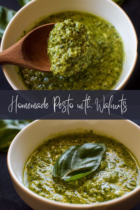 Homemade Pesto with Walnuts Recipe - A Quaint Life Pesto With Walnuts Recipes, Walnuts Recipe, Walnut Pesto, Walnut Recipes, Drink Inspiration, How To Make Pesto, Tomato Pesto, Lemon Ricotta, Homemade Pesto