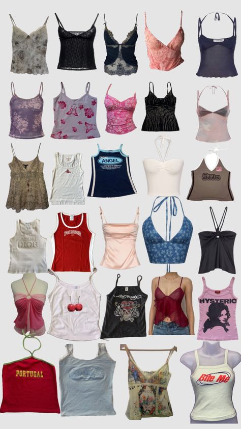 The Oc Aesthetic Outfits, Y2k Tops Aesthetic, Shirts For Big Busts, Outfits For Small Chest, Tops Collage, Y2k Streetwear Outfits, Cute Tank Top Outfits, Clothes Must Haves, Mystic Style