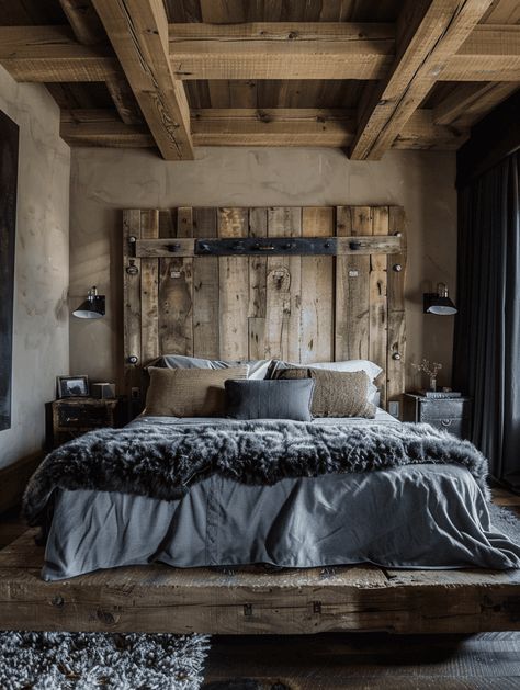 Rustic Bedroom Design: Reclaimed Wood Headboard & Floating Bed Frame Rustic Bed Frame Ideas, Wood Headboard Ideas, Rustic Bedroom Design Ideas, Cozy Rustic Bedroom, Rustic Wood Bed, Rustic Wood Headboard, Rustic Bed Frame, Reclaimed Wood Headboard, Rustic Bedroom Design