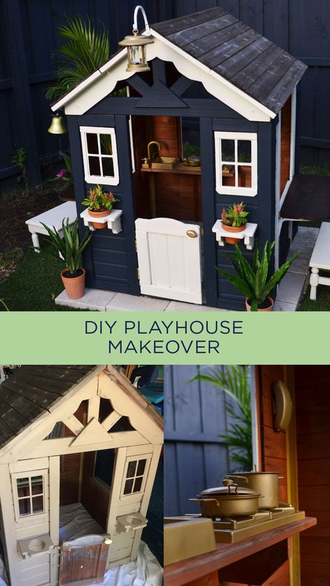 Garden Playhouse Ideas, Diy Playhouse Decor Ideas, Painted Wooden Playhouse, Cedar Playhouse Makeover, Play House Decorating Ideas Inside, Sweetwater Playhouse Makeover, Repurpose Playhouse, Wooden Playhouse Paint Ideas, Playhouse Flooring Ideas