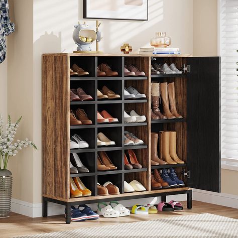 23-26 Pair Shoe Storage Cabinet with Adjustable Shelves, Freestanding Shoe Cubby Organizer for Hallway Closet Bedroom Industrial Shoe Cabinet, Closet Shoe Storage Ideas, Shoe Rack With Doors, Shoe Rack Door, Cubby Organizer, Wooden Shoe Cabinet, Shoe Organizer Entryway, Shoe Cubby, Entry Ideas