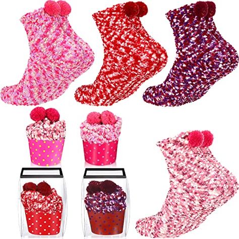 SATINIOR 4 Pairs Valentine's Day Cupcake Socks Gifts for Women Girl Fuzzy Fluffy Sock DIY Present Socks Birthday Gifts Sock Diy, Interesting Christmas Gifts, Pink Fuzzy Socks, Cupcake Socks, Cupcakes Design, Sock Cupcakes, Socks Gifts, Teacher Valentine Gifts, Valentine Day Cupcakes