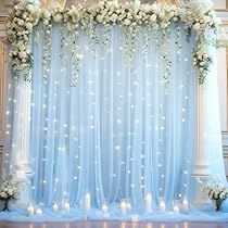 Birthday Party Stage Decorations, Blue Curtain Backdrop, Baby Shower Backdrop Ideas Boys, Curtain With Lights, Engagement Party Backdrop, Bday Decoration, Sheer Backdrop, Engagement Stage, Tulle Backdrop