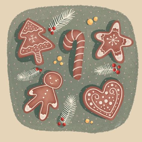 Christmas Cookie Art Drawing, Gingerbread Astethic, Traditional Christmas Illustration, Ginger Bread Illustration, Christmas Baking Illustration, Christmas Cookie Drawing, Christmas Procreate Ideas, Christmas Cookie Illustration, Gingerbread Cookies Drawing