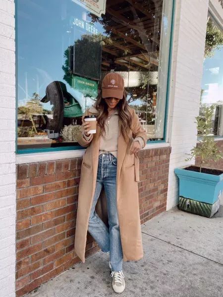 Long Coat Sneakers Outfit, Camel Long Coat Outfit, Camel Wool Coat Outfit, Pea Coat Outfits, Sneakers Wardrobe, Long Wool Coat Outfit, Quarter Zip Sweater Outfit, Camel Jacket Outfit, Wool Coat Outfits