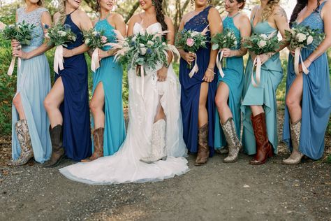 Dusty Blue Bridesmaid Dresses With Cowboy Boots, Turquoise Bridesmaid Dresses Western, Wedding Cowgirl Boots Bridesmaids, Barn Wedding Bridesmaid Dresses Cowboy Boots, Wedding Party Cowboy Boots, Bridesmaids Cowboy Boots Long Dresses, Western Maid Of Honor Dresses, Wedding Cowboy Boots For Bridesmaids, Western Wedding Bridesmaids And Groomsmen