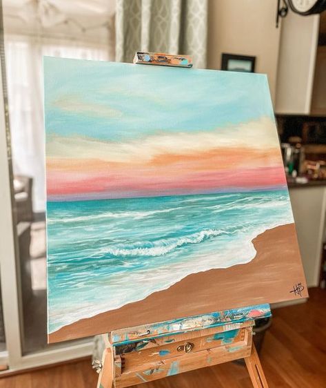 Beach Aesthetic Canvas Painting, Canvas Summer Painting Ideas, Sunset And Ocean Painting, Ocean View Painting, Summer Beach Painting, Cute Beach Paintings, Beach Paintings On Canvas Acrylics, Ocean Aesthetic Painting, Ocean Themed Paintings