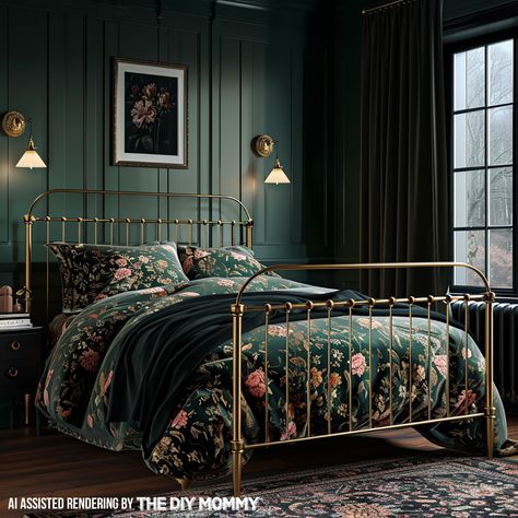 Dark Feminine Bedroom mood board design featuring dark green walls, velvet curtain, a gold metallic bed frame, a moody floral art. 😍 1920s Inspired Bedroom, Green Brass Bedroom, Dark Floral Room Ideas Bedrooms, Dark Green Pink Bedroom, Gold Wall Bedroom, Dark Green Gold Bedroom, Gold Metal Bed Frame Bedroom Ideas, Gold Bed Frame Bedroom Ideas, Moody Floral Bedroom