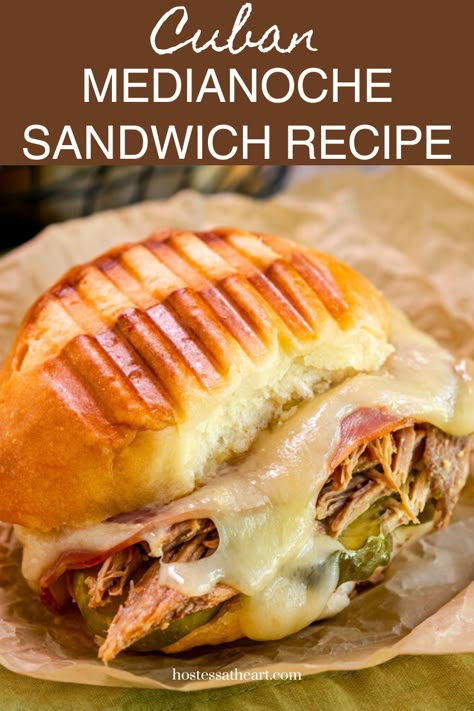 Soft slightly sweet homemade Medianoche bread, layers of salty ham, tender mojo pork, and cheese make this Cuban Medianoche Sandwich Recipe. American Sandwich Recipes, Cuban Sandwich Recipe, Mojo Pork, Sandwhich Recipes, Best Sandwich Recipes, Gourmet Grilled Cheese, Panini Recipes, Cuban Sandwich, Hot Sandwich