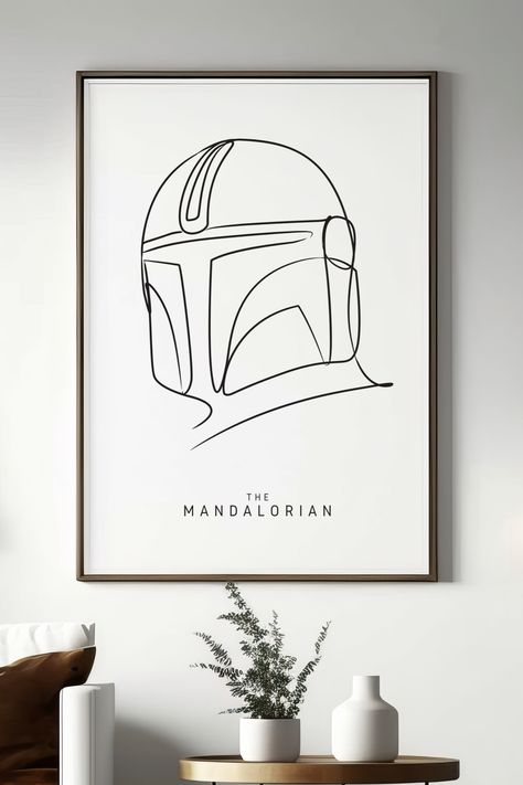 🖼️ An elegant minimalistic illustration of The Mandalorian from Star Wars, perfect for any movie lover wanting to add a touch of modern elegance to there home decor. Mandalorian Minimalist, Star Wars Line Art, The Mandalorian Poster, Mandalorian Art, Wall Line Art, Mandalorian Poster, Minimalistic Illustration, Star Wars Decor, Star Wars Design