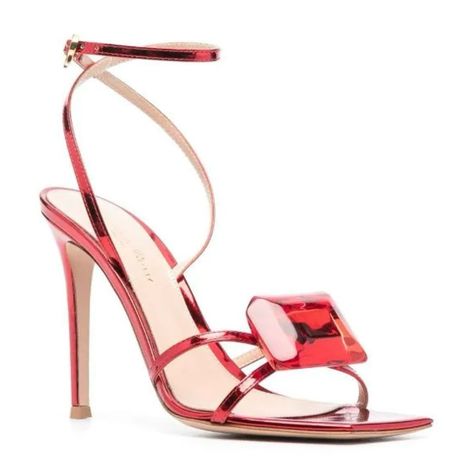 Gianvito Rossi Jaipur 105mm Metallic-Effect Sandals Gianvito Rossi Has Recalibrated The Architecture Of Footwear With His Contemporary Edge. This Pair Refreshes The Sandal Silhouette With A Metallic Effect And Oversized Crystal Embellishment For An Elegant Finish. Highlights Ruby Red Calf Leather Metallic Effect Crystal Embellishment Open Toe Buckle-Fastening Ankle Strap 105mm Stiletto Heel Composition Lining: Calf Leather 100% Outer: Calf Leather 100% Sole: Calf Leather 100% Size 38.5 Comes Wit Beyonce Style, Rossi Shoes, Silver Heels, Nude Heels, Leather Slides, Crystal Embellishment, Ruby Red, Gianvito Rossi, Stiletto Heel