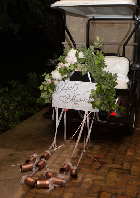 Golf Cart Send Off Wedding, Golf Cart Wedding Decorating Ideas, Just Married Golf Cart Decorations, Golf Cart Getaway Wedding, Wedding Golf Cart Decorations, Golf Cart Wedding Exit, Just Married Golf Cart, Wedding Golf Cart, Just Married Car Decorations