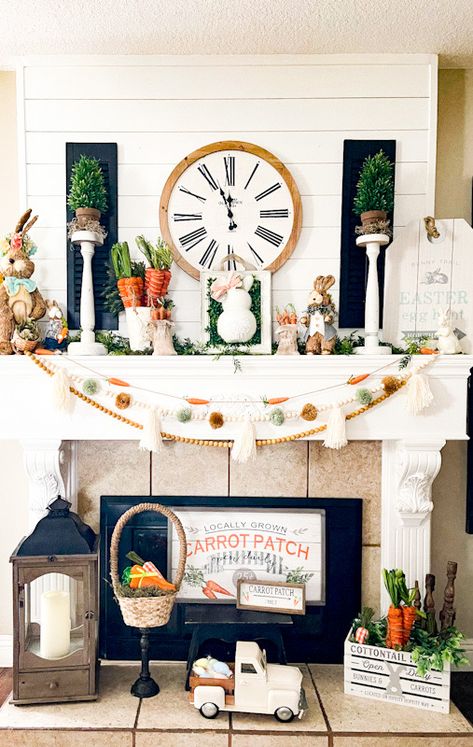 Easter mantel decor - Create Make Decorate with Nikki Easter Decor Living Room, Living Room Easter Decor, Easter Decor Mantle, Easter Mantle Decor Ideas, Easter Mantel Decor, Easter Decorations Mantle, Easter Mantle Ideas, Easter Garland For Mantel, Easter Entryway Table Decor