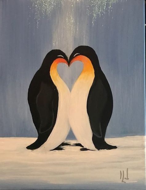 Penguin Painting Easy, Penguin Paintings, Anniversary Painting Ideas, Watercolor Penguin, Matching Painting Ideas, Cute Penguin Drawing, Penguin Painting, Couple Painting Ideas, Couples Painting Ideas