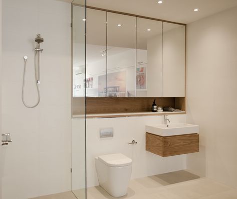 bathroom minimalist toilet wall mirror cabinets: very spacious because the ceiling seems to b Small Bath Mirror Cabinet, Mirror Over Vanity And Toilet, Bathroom Vanity Nook, Toilet Next To Vanity, Mirror Over Toilet, Bathroom Mirror Cabinet Ideas, Bathroom Door Mirror, Toilet Mirror Cabinet, Conrad Architects