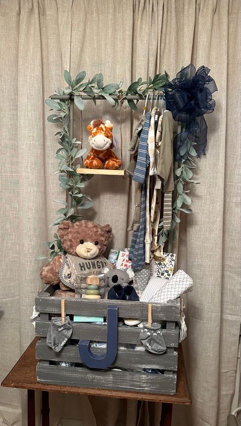 Baby shower gift crate Baby Boy Shower Crate Gift Basket, Baby Shower Wagon Gift Basket, Diy Boy Baby Shower Gifts, Baby Crate Gift Ideas Boy, Diy Baby Closet Crate, Baby Shower Gift For Boys, Baby Boy Crate Gift Ideas, Baby Shower Closet Crate, Baby Shower Wooden Crate Gift