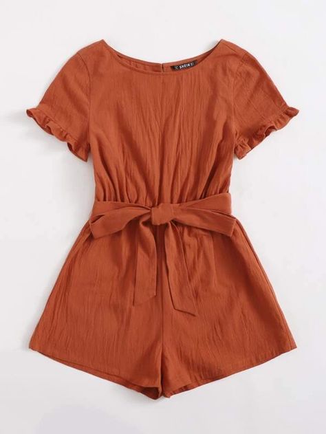 Ruffle Trim Split Back Self Belted Romper | SHEIN USA Comfy Jumpsuits, Belted Romper, Cute Rompers, Round Neck Dresses, Really Cute Outfits, Girls Fashion Clothes, Cute Summer Outfits, Teen Fashion Outfits, Rompers Women