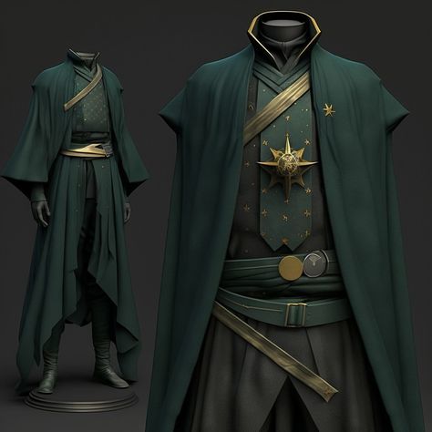 Green Fantasy Robes Male, Green And Gold Outfit Men, Dnd Outfit Design Male, Fantasy Male Attire, Asgardian Outfit Male, Green And Gold Fantasy Outfit Male, Fantasy Fancy Clothes Male, Fantasy Tailcoat, Elf Clothing Male