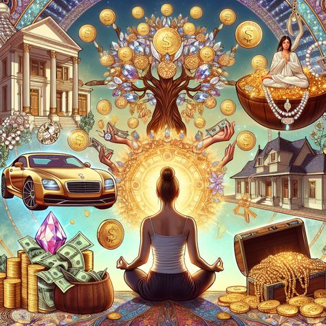 Experience the process of wealth manifestation with this AI-generated image, displaying a meditative individual surrounded by luxurious symbols of prosperity. Witness growth and abundance in every detail. Learn more about wealth manifestations in the linked material. 
#WealthManifestation #Luxury #Prosperity #Abundance #Growth #AIArt Female Holding Money, Abundance Images Wealth, Images Of Abundance, Abundance Images Photography, Money Aesthic, Manifesting Images, Abundance Illustration, Future Life Aesthetic, Abundance Vision Board