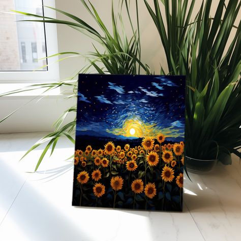 Sunflowers Field Starry Night inspired by Vincent Van Gogh | PRINTABLE Digital Downloadable Print | Colorful Journeys art 1-126 . . . #vangoghstarrynight #vangogh #vincentvangogh #art #artgallery #etsy #etsyshop #etsyseller #oilpainting #sunflowers #sunflowers #colorfuljourneys #vintagestyle #starrynight #starry Journeys Art, Van Gogh Printable, Sunflowers Field, Sunflower Artwork, Van Gogh Sunflowers, Art Painting Tools, Easy Canvas, Easy Canvas Art, Sunflower Field