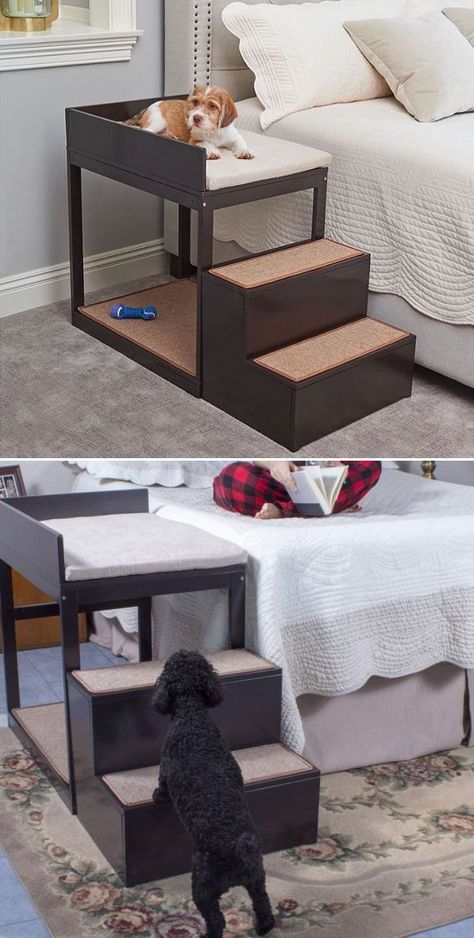 If you are among those who want the pet to sleep next to you without taking up any of your personal space – the Penn Plax Buddy Bunk – a multi-level pet bed is what you should be looking at. Dog Bed Attached To Bed, Dog Bed Ideas For Bedroom, Puppy Bed Ideas, Bed For Dogs, Dog Bed Diy, Pet Bed Furniture, Cama Pet, Katt Diy, Dog Bedroom