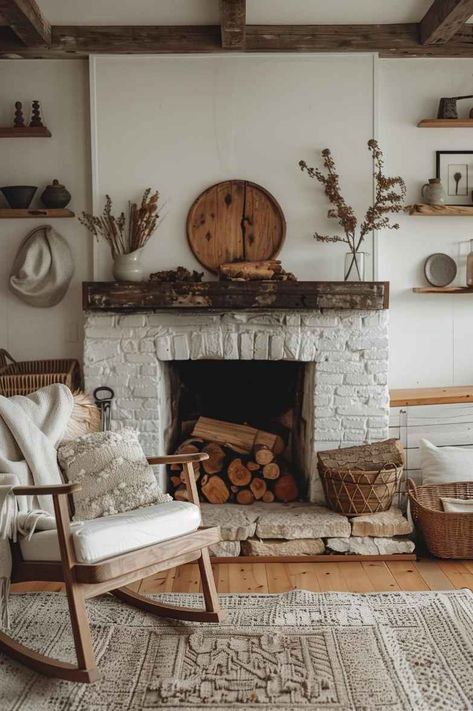 40 Farmhouse Fireplace Ideas for a Charming Home Hearth Fireplace Log Cabin, Brick Fake Fireplace, Rustic Living Room Ideas With Fireplace, Vintage Farmhouse Fireplace, Fireplace Non Working Ideas, Vintage Living Room Fireplace, Living Room Hearth, Brick Gas Fireplace Ideas, Real Wood Fireplace Ideas