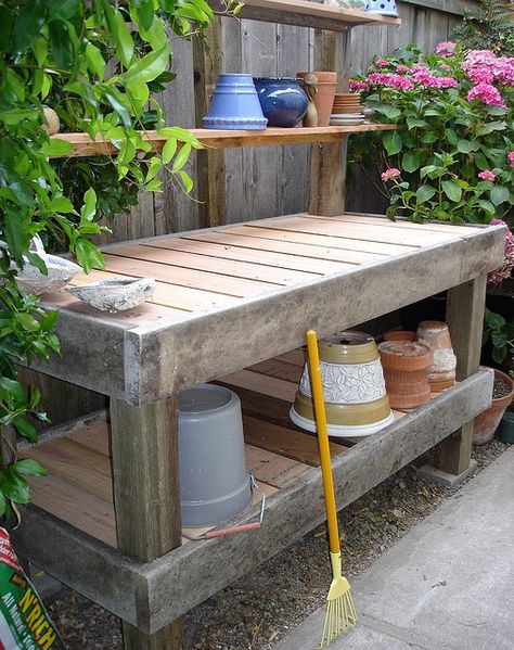 One day I'd love a potting bench like this   one but I would add a sink (non-functional) to it with bin underneath to catch   the dirt. Paver Base, Potting Area, Garden Work Bench, Potting Bench Ideas, Garden Potting Bench, Potting Bench Plans, Potting Station, Outdoor Potting Bench, Potting Benches