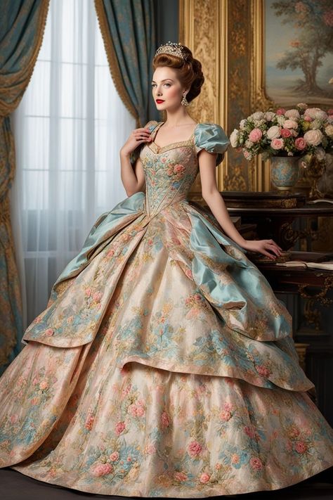 Delicate rococo silk brocade ballgown of a 1940s fairytale q... by Wendy - Playground 1700s Ballgown, Victorian Ball Gowns Princesses, Old Ball Gowns, Rococo Outfit, Baroque Clothing, Masquerade Gowns, Victorian Ballgown, 1780s Fashion, Ashlynn Ella