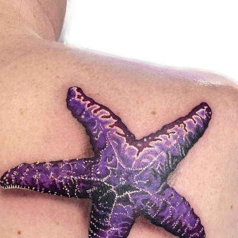 Miranda Boire on Instagram: "Starfish on Pam! I was so stoked for this fun piece. Would love more realistic nature work. #starfish #starfishtattoo #purple #freshink #liquidambertattoo #eastvan #gastown #realistictattoo #westcoasttattoos #bctattoos #vancouverbeaches #vancityink #beachcombers #vancouvertattooartist #shouldertattoo #sfu #ubc #yvr" Purple Starfish Tattoo, Star Fish Tattoos, Ocean Theme Tattoos, Starfish Tattoo, Ink Blot, Ocean Themes, Shoulder Tattoo, Fish Tattoos, Starfish