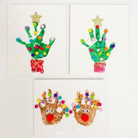 Two to Love - DIY Learning | Sensory | Crafts for Kids on Instagram: "🎄 Festive Hands ✋🏼 🙋🏻‍♀️ Who’s excited for the holidays? Save this post to remember these cute handprint crafts for holiday time!❤️🎄 We did this fun project last year and we used stretched canvases so we can have lovely pieces of handprint keepsakes to hang after. Supplies: 🖼 @dollartree stretched canvases 🎨 Tempera paints 🖌 Paint brush 🎨 @target Painting trays 🌈 Pom-poms 👀 Googly eyes ⭐️ Star sticker 🎀 Yarn ✍️ Bla Sensory Crafts For Kids, Kids Christmas Canvas, Toddler Christmas Cards, Kids Christmas Painting, Hand Print Art, Baby Christmas Crafts, Handprint Christmas Tree, Christmas Diy Kids, Handprint Christmas