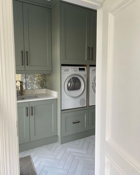 Utility Must Haves, Sage Utility Room, Utility Flooring Ideas, Sage Green Utility Room, Green Cabinets Laundry Room, Green Utility Room, Laundry Room Green, Mud Room Laundry Room Combo, Utility Room Ideas