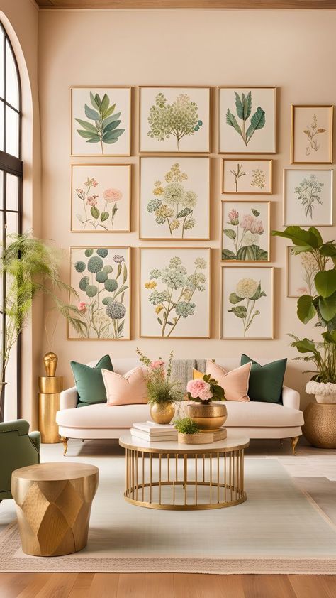 Floral House Interior, Colorful Boho Interior, Floral House Decor, Living Room Esthetics, Living Room Set Up, Over The Sofa Wall Decor Ideas, Cozy Elegant Living Room, Floral Living Room Decor, Floral Interior Decor