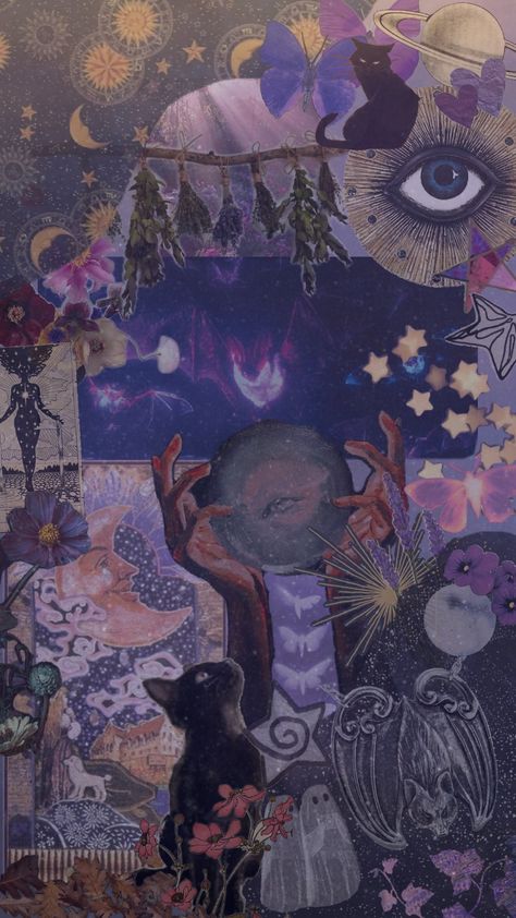 #purple #witchy #blackcat #violet #stars #witch Witchy Spotify Covers, Purple Walls Room Ideas, Purple Cottagecore Wallpaper, Witchy Purple Aesthetic, Witchy Collage Wallpaper, Purple Collage Wallpaper Iphone, Purple Elf Aesthetic, Purple Halloween Wallpaper Iphone, Purple Tarot Aesthetic