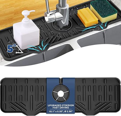 💪【MULTIFUNCTION】 It's not only a faucet drying mat, it also a sponge holder for kitchen sink, dish soap tray, dish drying mat. For kitchen: put sponge, dish soap, detergent, brush, and bottle on it. Upgrade the size of the increase, you can put more kitchen small things. Make your sink cleaner. Used as an organizer mat, drain pad. It is a super practical kitchen & bathroom gadgets! 💪【KEEP YOUR COUNTERTOP DRY】 While other kitchen faucet sink splash guards are made from hard-to-clean fabric that Faucet Splash Guard, Dish Soap Tray, Sponge Holder Kitchen, Dish Sponge Holder, Faucet Mat, Sink Protector, Bathroom Gadgets, Kitchen Sink Accessories, Hand Soap Dispenser